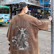 B239-1130-P38欧美式天使雕像印花复古水洗做旧落肩袖短袖T恤，男装T恤，星座514-2(原B239)