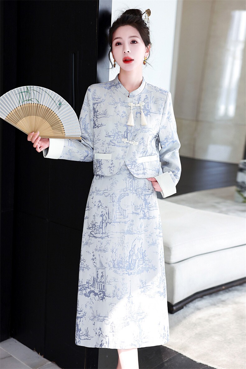 2025春装立领复古盘扣长袖两件套刺绣图案潮流显瘦套装裙,女装套装/套裙,施恩睿棋