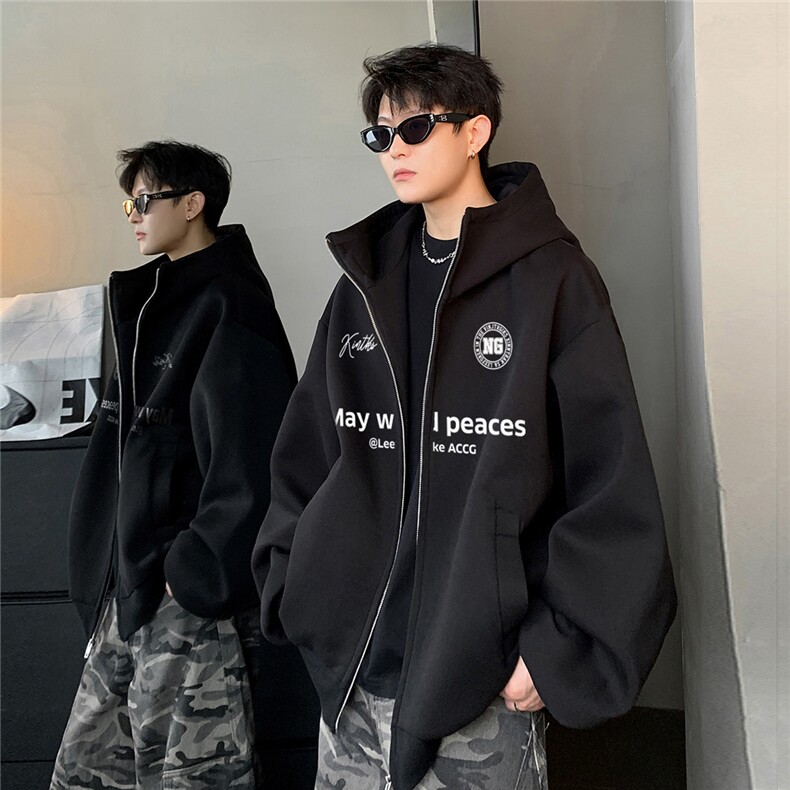 黑色连帽开衫卫衣男2025新款宽松廓形男士字母印花拉链外套,男装针织衫/毛衣,电商C307