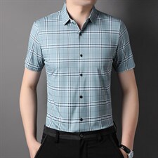 【弹力无痕】短袖衬衫男春夏格子衬衫新款冰丝亲肤无痕条纹衬衣，男装衬衫，电商B212（原钱塘6029）