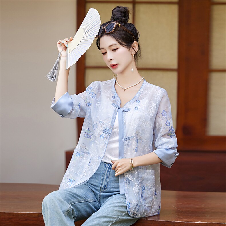 国风刺绣盘扣薄外套女夏季2024新款百搭小香风印花空调衫防晒上衣,女装短外套,韩宇舍