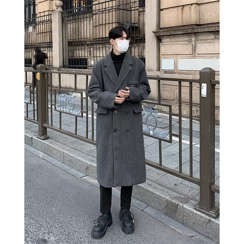 冬季毛呢大衣男中长款过膝西装领双排扣呢子风衣外套ins潮流,男装风衣,星座218-1（原230）