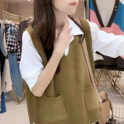大码V领针织马甲女2024秋季新款复古风口袋无袖坎肩背心套头上衣图片