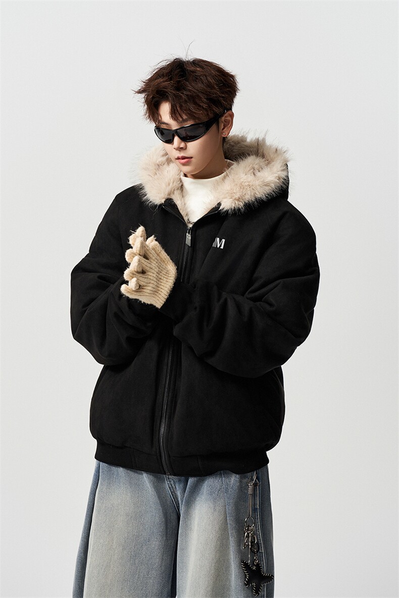 有长图冬季新款设计感毛领棉衣男潮宽松连帽棉袄外套MF00848/P100,男装棉衣,电商B316