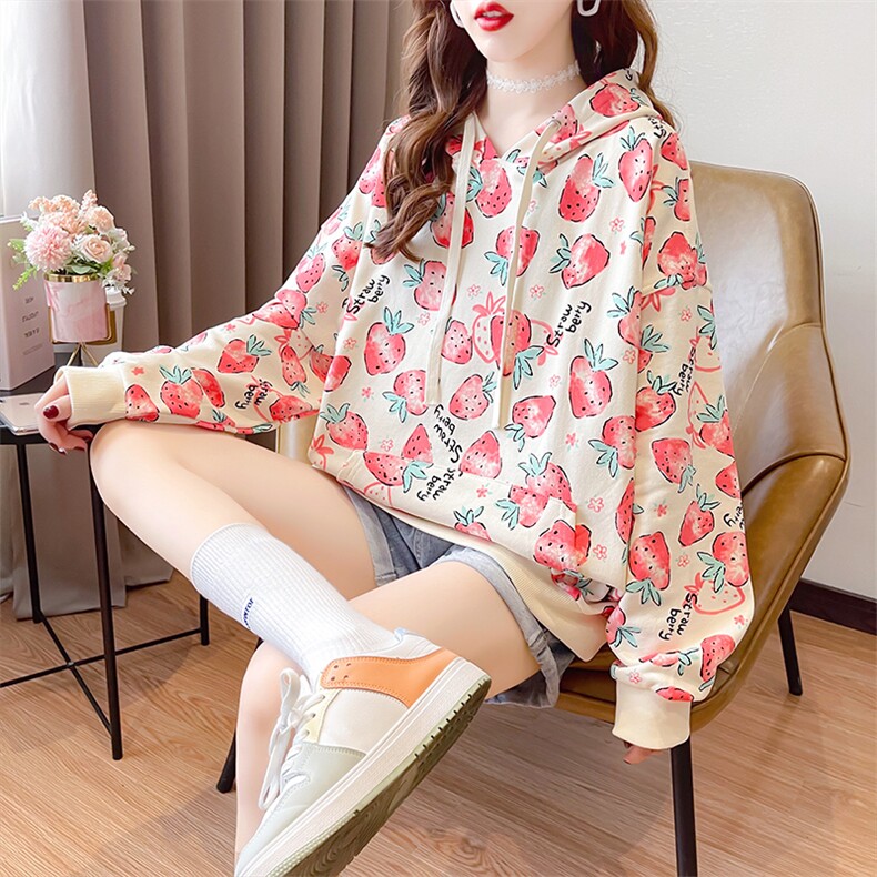 S3041韩版宽松草莓印花连帽大码女装薄款卫衣女P48,女装卫衣/绒衫,星座309B-2