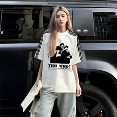 抖音得物品质二开240克宽松纯棉美式潮牌印花三条杠中性风短袖T恤，男装T恤，电商A486-1