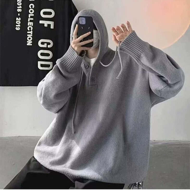 慵懒风纽扣连帽毛衣男2025秋冬美式设计感痞帅ins潮流线衣,男装针织衫/毛衣,星座218-8