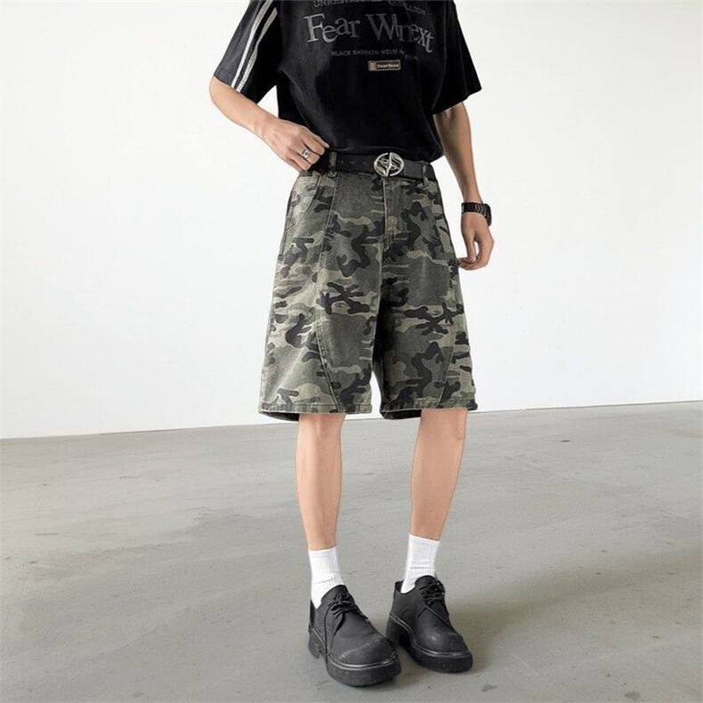 情侣复古迷彩工装短裤男款夏季解构风高街五分裤子潮牌休闲运动裤,男装牛仔裤,电商A306-2