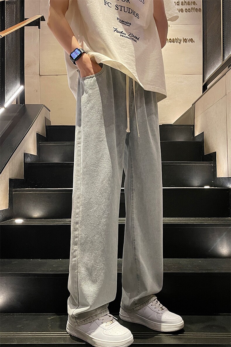 港风春季新款直筒牛仔裤男潮牌美式复古松紧系带长裤K8001-P28,男装牛仔裤,星座214-3