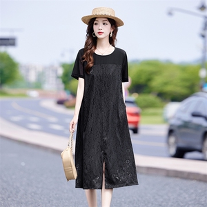 时尚休闲圆领T恤连衣裙女2025夏季中年妈妈宽松百搭印花拼接裙子图片