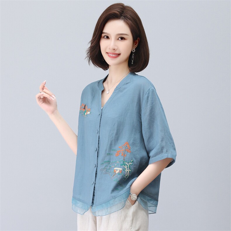苎麻衬衫女2024夏季新款休闲T恤中年妈妈棉麻大码洋气五分袖上衣,女装衬衫,璐依舞