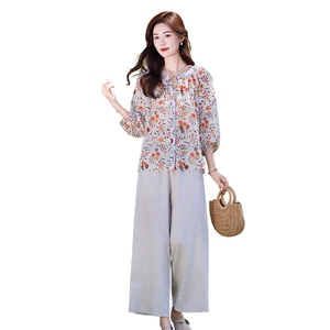 时尚休闲气质衬衫套装女2025夏新款宽松减龄显瘦亚麻阔腿裤两件套图片
