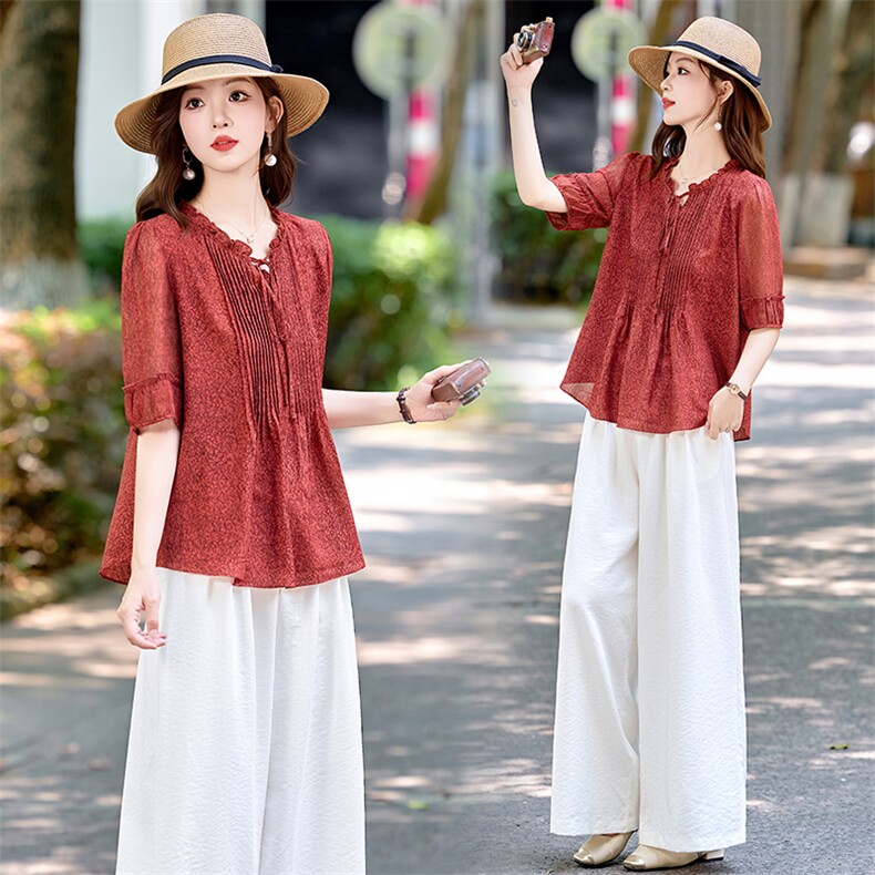 时尚宽松休闲棉麻套装女2025夏新款木耳花边印花衬衫阔腿裤两件套，女装套装/套裙，恋慕依尚