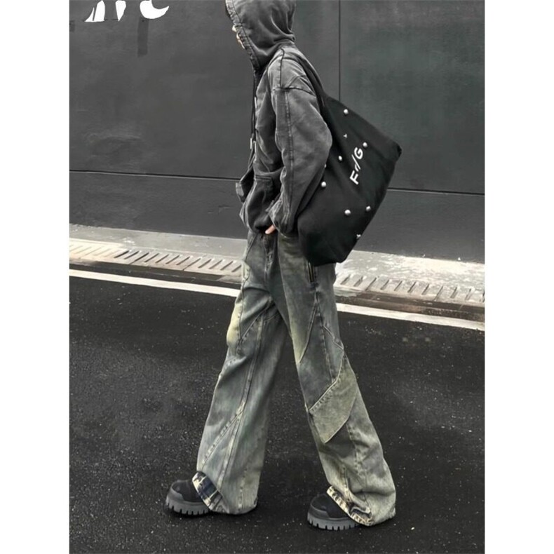 美式复古黄泥色牛仔裤潮牌不规则裤子直筒微喇裤NZ12特P58,男装牛仔裤,星座908-1