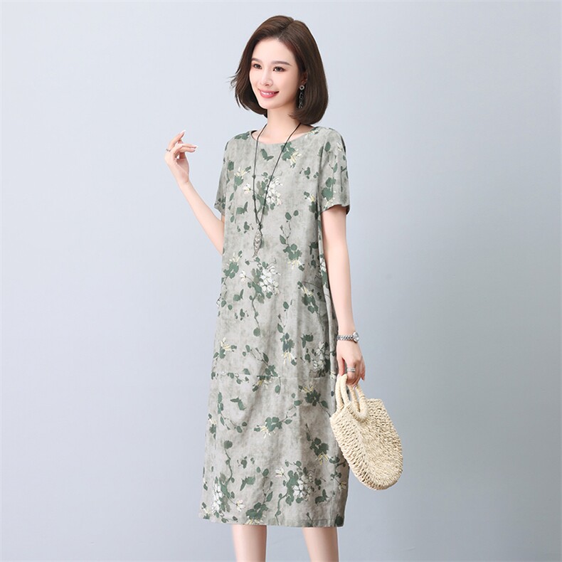 印花连衣裙女短袖2025年夏季新款韩版宽松显瘦中长裙休闲减龄裙子,女装连衣裙,依恋蒂丝