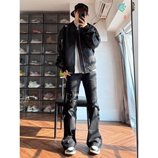 秋冬美式裤腿绑带重工高街多口袋工装水洗黑牛仔裤K7158-P55网图，男装牛仔裤，电商B245