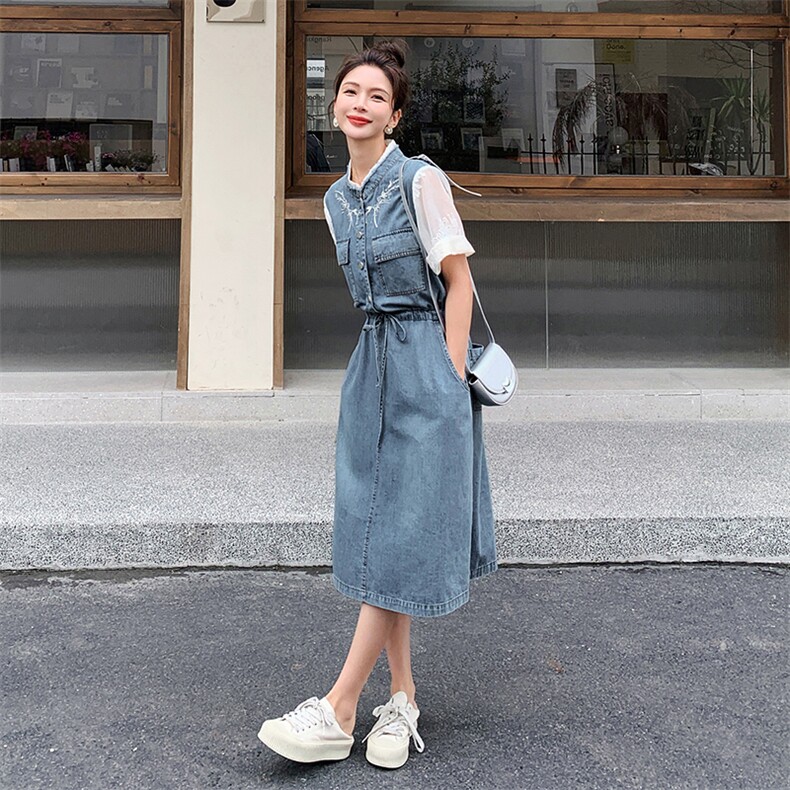 时尚显瘦夏季牛仔连衣裙中长款女清新减龄刺绣设计百搭休闲风,女装连衣裙,秋水欣儿