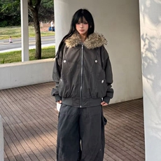 潮牌情侣派克服短款羽绒棉服仿兔毛大毛领连帽棉衣冬外套美式复古，男装棉衣，星座218-8