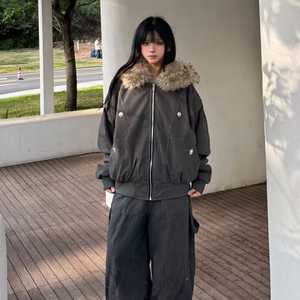 潮牌情侣派克服短款羽绒棉服仿兔毛大毛领连帽棉衣冬外套美式复古图片