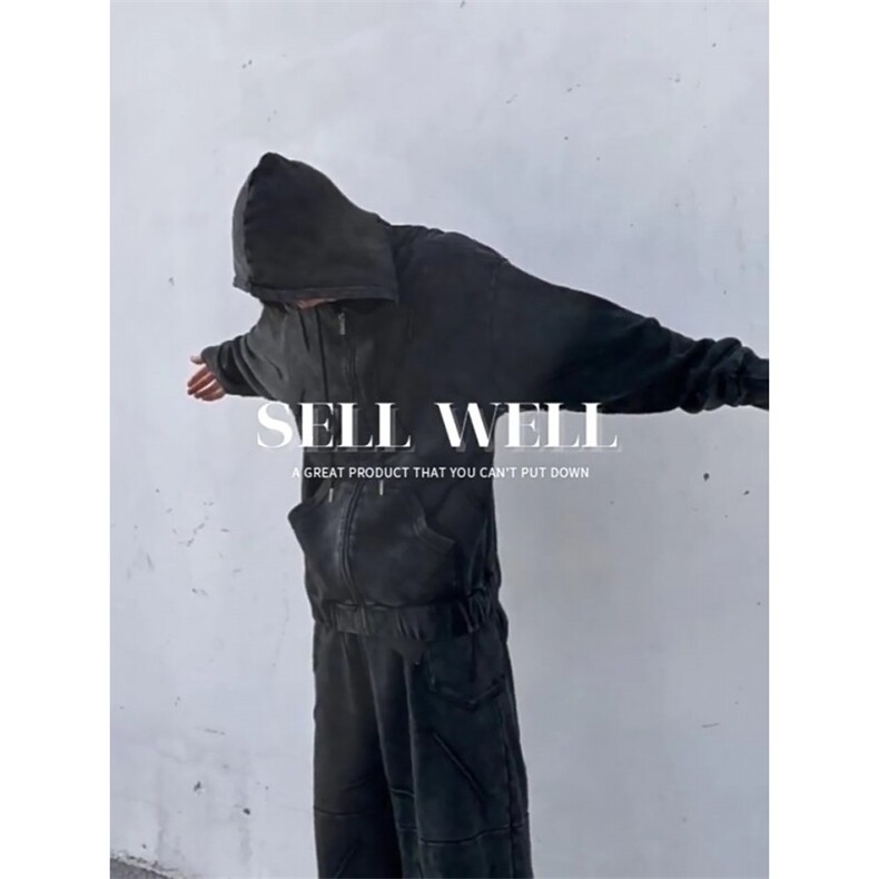 美式复古水洗双口袋连帽卫衣男小众设计感拉链外套潮,女装短外套,四季星座505