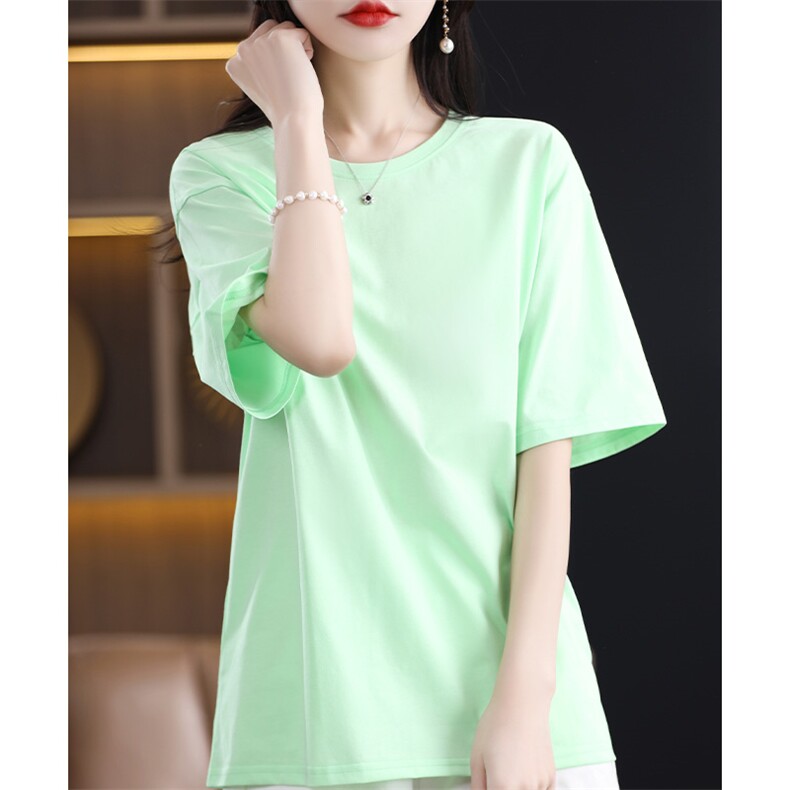 t恤女短袖24年夏季新款圆领100纯棉宽松半袖上衣纯色大码正肩体恤，女装T恤，赛冬羊绒