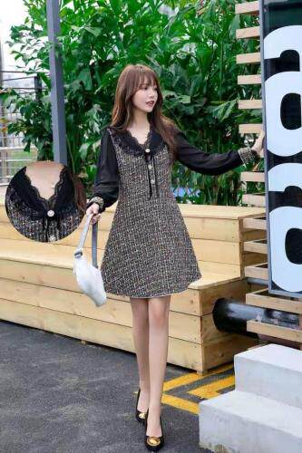 【现货】钉珠小香风纱袖连衣裙，女装连衣裙，艾丹迪蔓