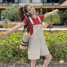 韩系减龄波点背带裤短T恤两件套女2025夏季新款学院风连体裤套装，女装连体裤，2C087