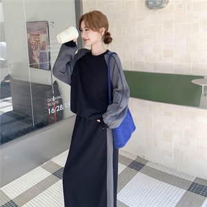 个性设计感撞色圆领卫衣套装女春秋ins潮牌休闲运动半身裙两件套图片