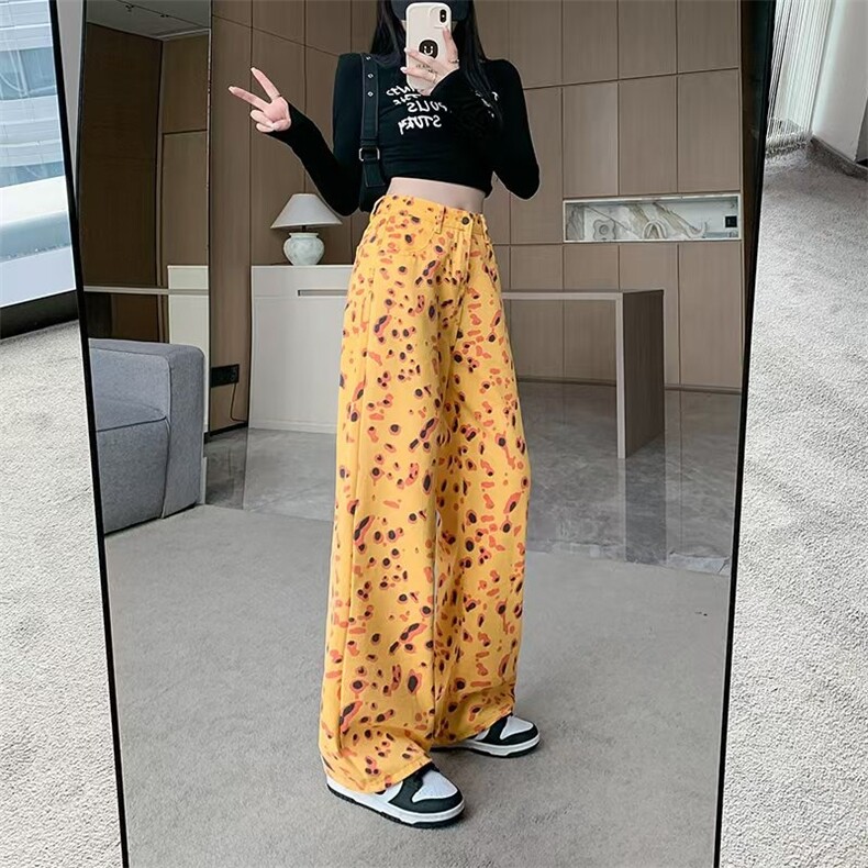 美式复古个性豹纹高腰休闲裤女2025秋季小众设计直筒拖地阔腿长裤,男装牛仔裤,星座506A
