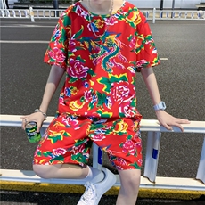 TZ203男女休闲东北大花短袖圆领T恤衫短裤可套装单选团队服风，男装休闲套装，星座115A(原星座507）
