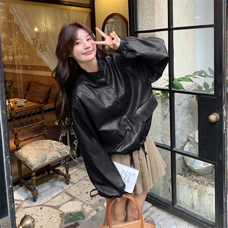 美式复古高级黑色休闲皮衣外套女2025春秋独特漂亮机车服夹克上衣,女装皮衣,2C129