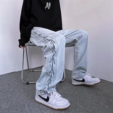 牛仔裤男新款美式炸街嘻哈阔腿裤设计感绑带宽松直筒裤NK390-p52图片