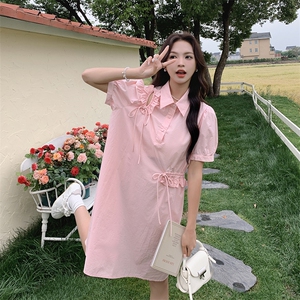 粉色小个子衬衫裙连衣裙女夏2024新款设计感甜美小清新森系a字裙图片
