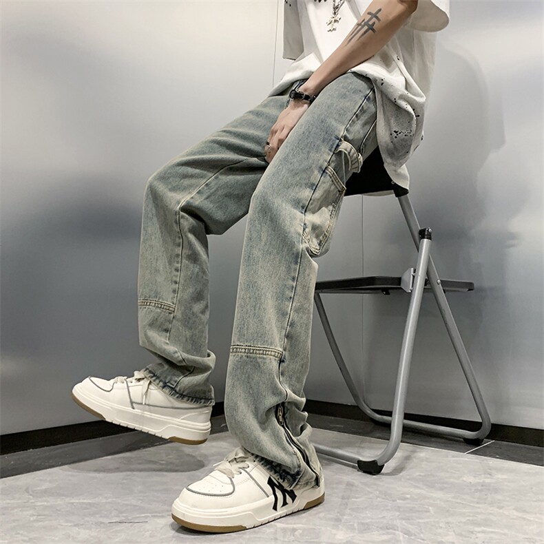 高街拉链牛仔裤男2024新款秋冬季美式复古工装宽松直筒阔腿长裤子,男装牛仔裤,星座505-2（原电商A260-1)