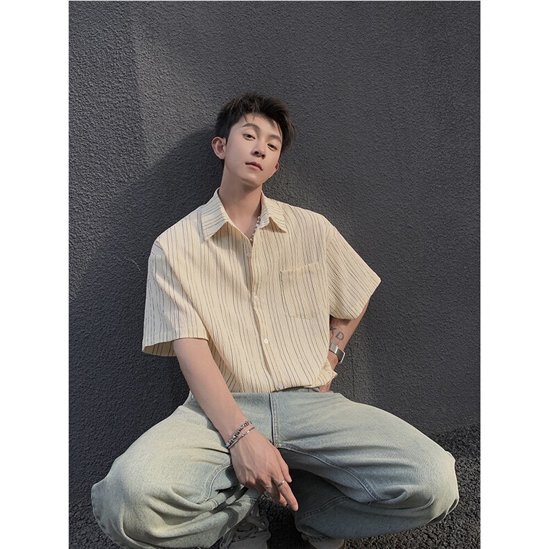 条纹肌理感夏季小众设计感衬衫短袖男士潮流美式潮流衬衣P35,男装T恤,电商C306-1