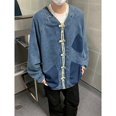 秋男V领单排扣牛仔夹克渐变色大口袋新中式外套JK7005P78，男装夹克，星座1013-1