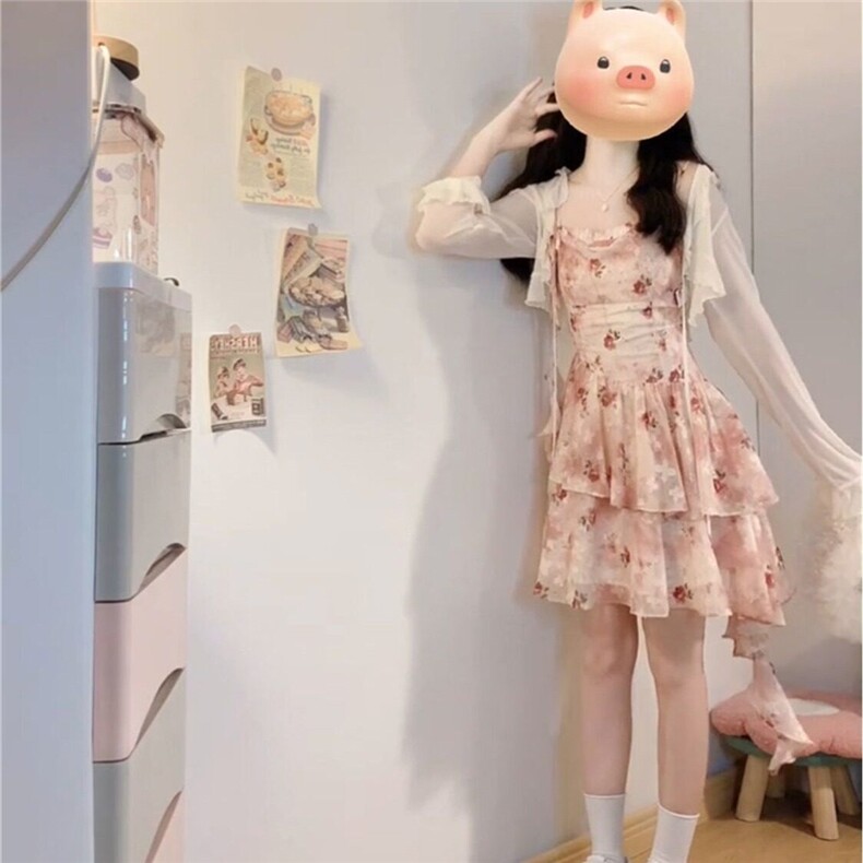 温柔风甜美收腰碎花吊带不规则连衣裙搭配针织开衫披肩女两件套装，女装套装/套裙，星座506A