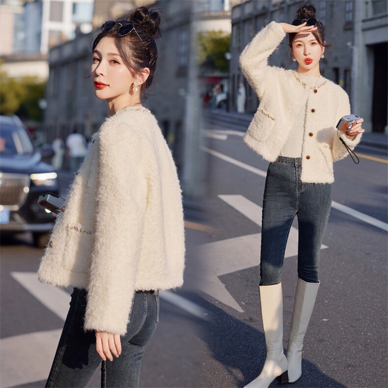 2024秋冬新款环保皮毛短款小香风钉珠加厚皮毛一体外套，女装羊羔毛/颗粒绒，瑶迪依秀