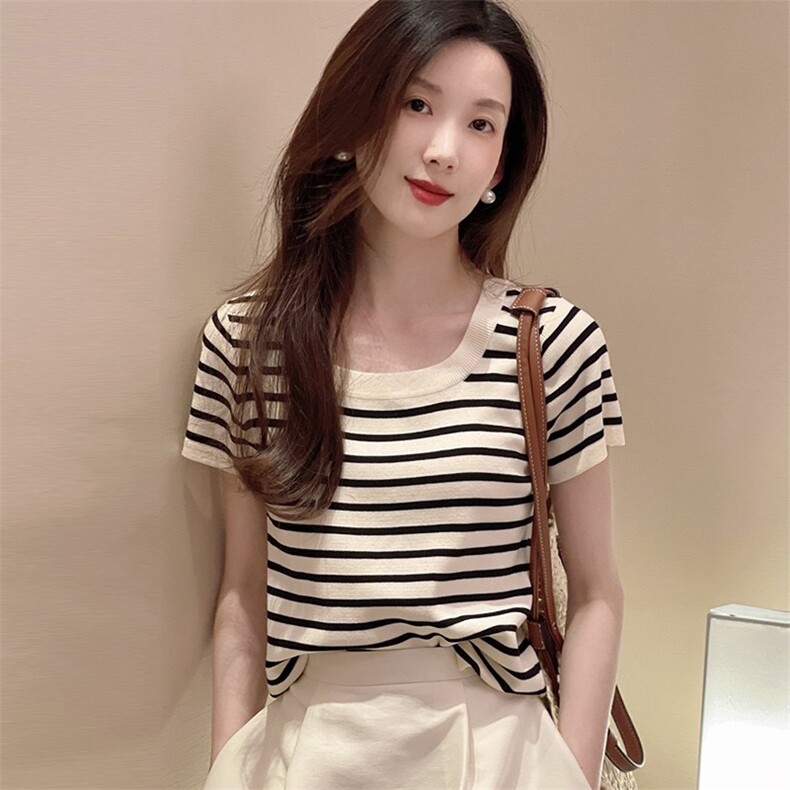 撞色条纹正肩短袖T恤女夏装新款美式复古修身显瘦小个字方领上衣,女装T恤,珍珑羊绒