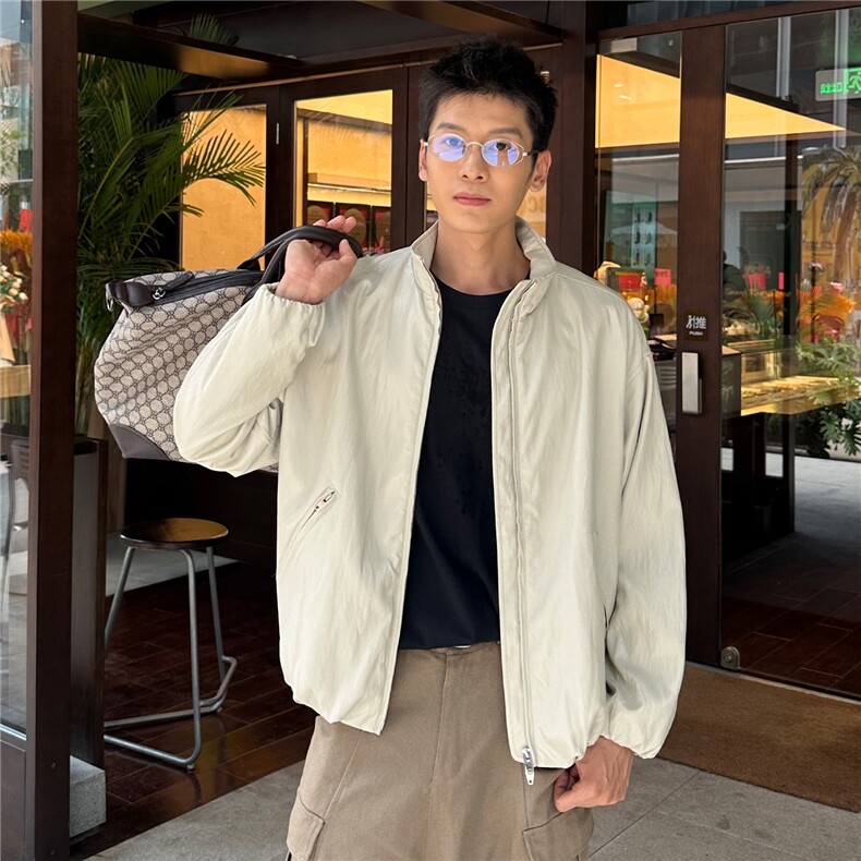 秋季2025老钱风抖音纯色休闲立领皮衣夹克店主风A236-JK603-P140，男装皮衣，电商A236