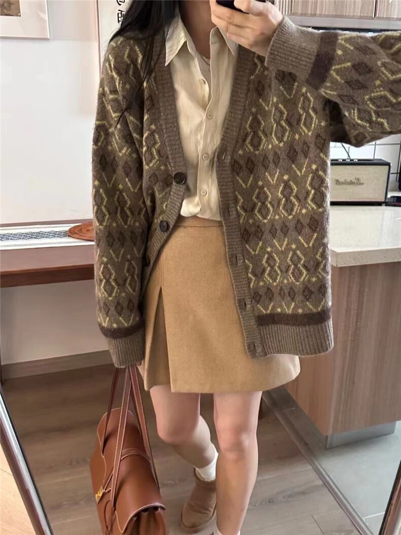 开衫女圆领秋冬新款百搭外套毛衣时尚针织上衣,女装羊毛衫,纳慈羊绒