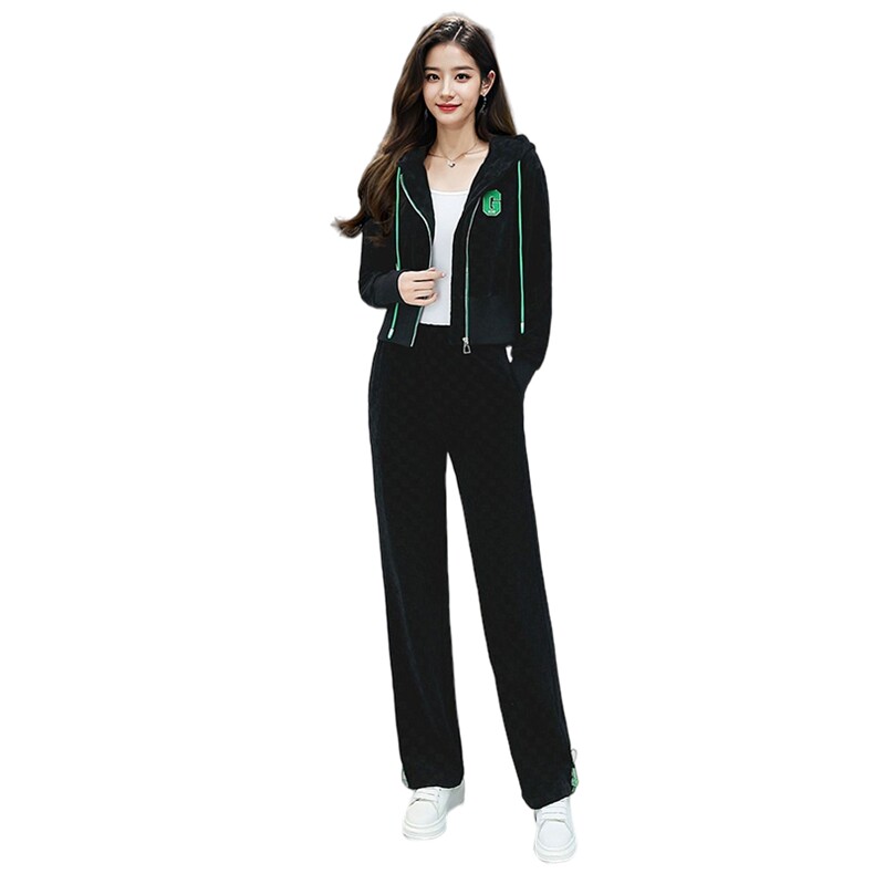 雪尼尔休闲运动服套装女2024新款棋盘格连帽阔腿裤两件套,女装套装/套裙,火爆靓佳人