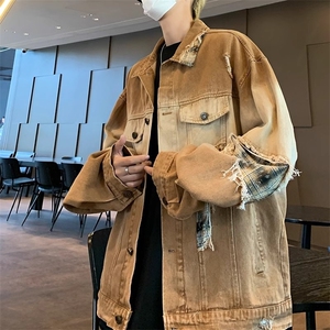 春秋破洞贴布牛仔外套男渐变水洗做旧设计感美式复古痞帅潮牌夹克图片