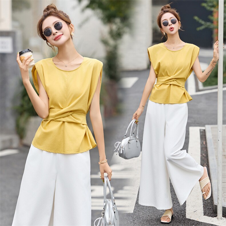 2025超火夏季减龄一整套穿搭巨好看无袖上衣阔腿裤洋气休闲两件套，女装套装/套裙，意芙