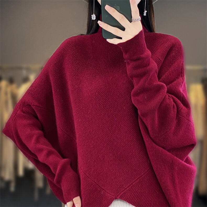 宽松慵懒风100%纯羊毛衫女高领加厚不规则长袖毛衣打底羊绒衫上衣,女装羊毛衫,迅太羊绒