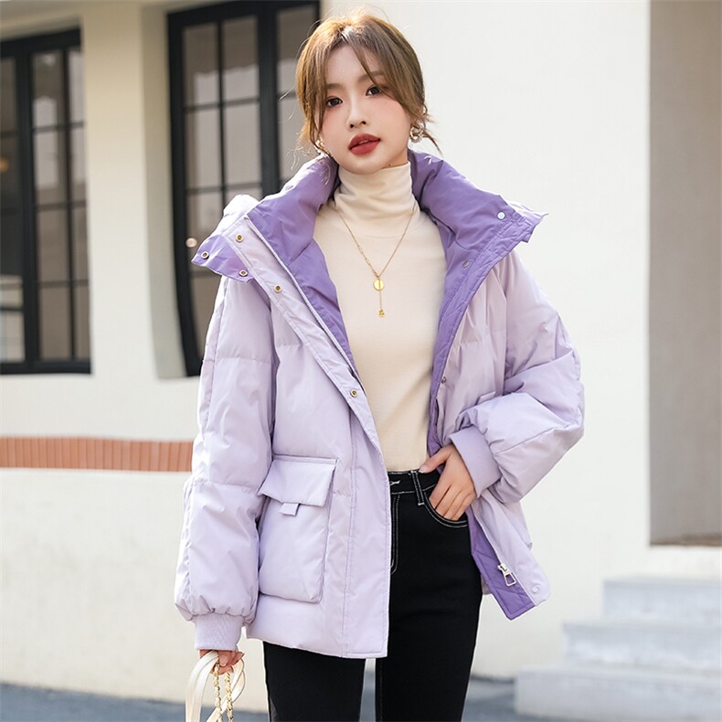 【现货】加厚冬季短款羽绒服女纯色面包服连帽撞色拼接潮,女装羽绒服,梦懿尔