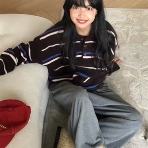 秋冬穿搭复古条纹设计感撞色翻领羊毛针织衫毛衣外套宽松显瘦上衣