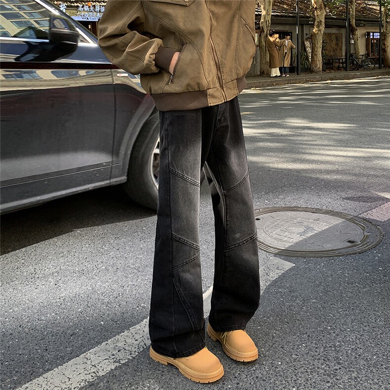 水洗春秋直筒阔腿裤潮小众拼接牛仔裤男款美式高街裤子长裤,男装牛仔裤,星座410-6（原星座1304-1）