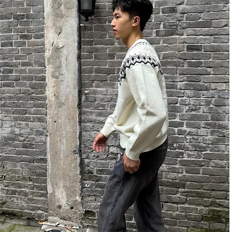 重磅秋冬装北极绒套头毛衣美式复古休闲慵懒风提花工艺针织衫外套,男装针织衫/毛衣,电商A486