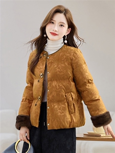 现货2025年冬季新款中式白鸭绒羽绒服女复古风提花毛领袖外套上衣图片